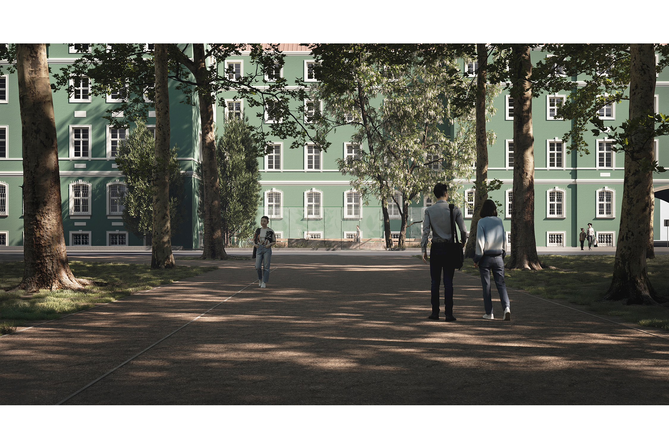 toalet publiczna przy Jasnych Błoniach w Szczecinie - widok z alei platanów